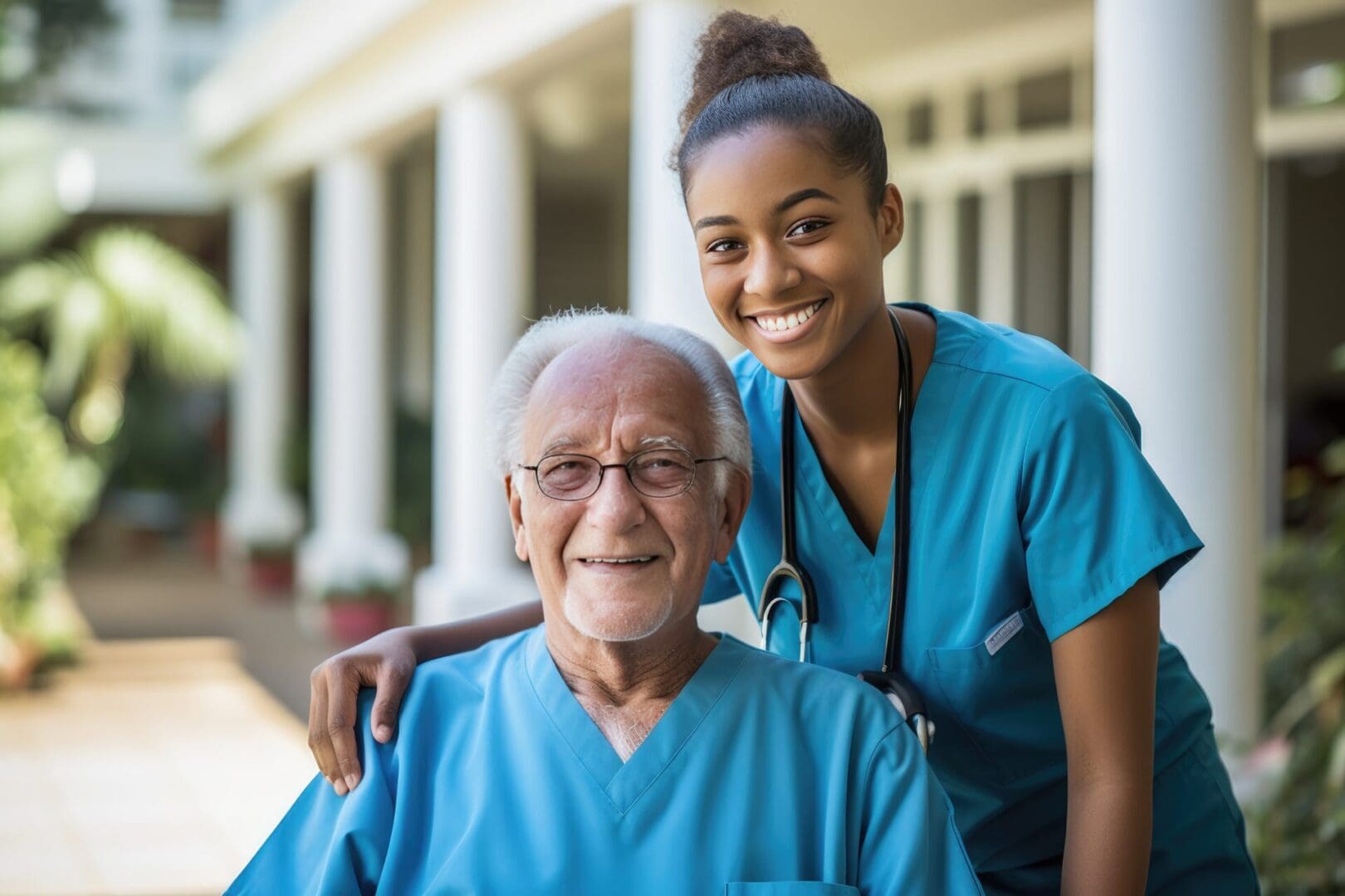 A nurse and an elderly man in blue scrubs.