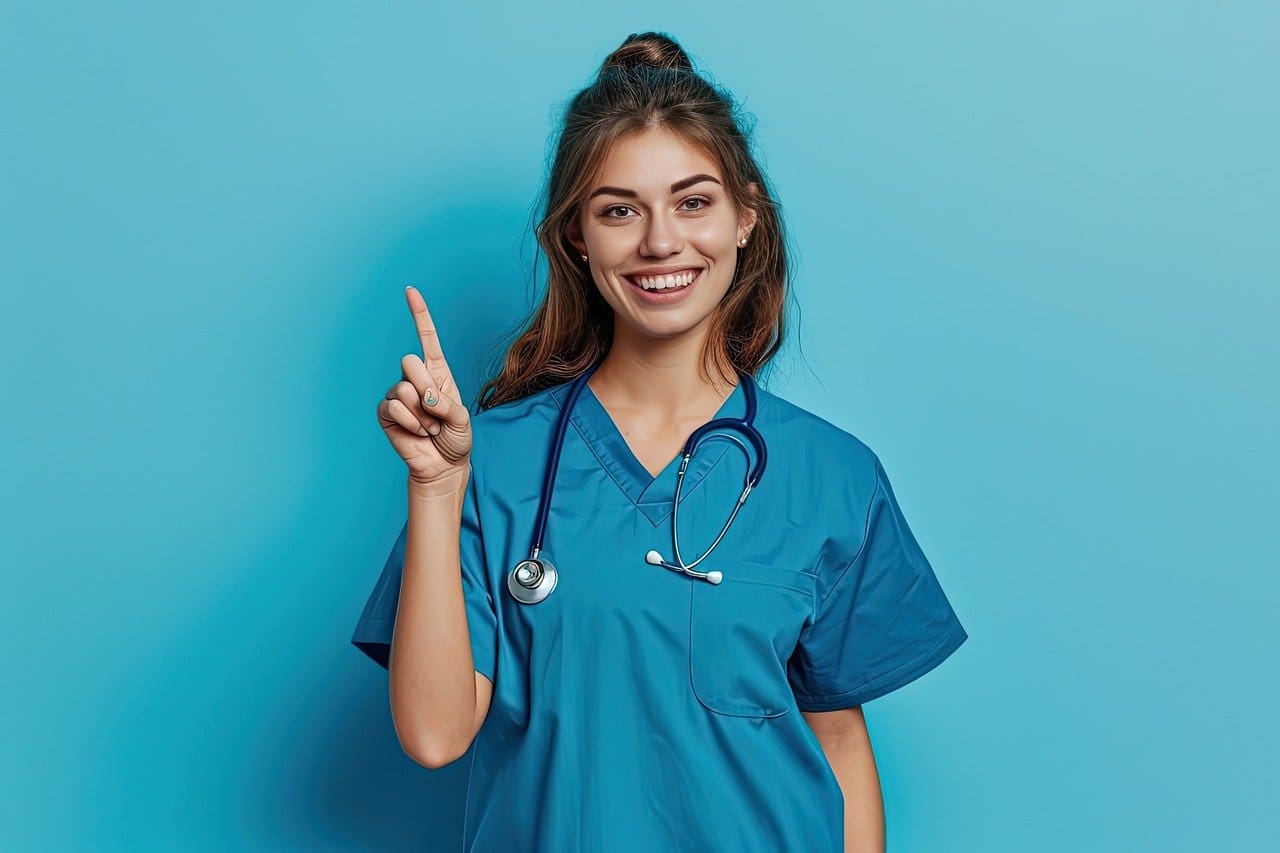 A woman in scrubs points to the side.